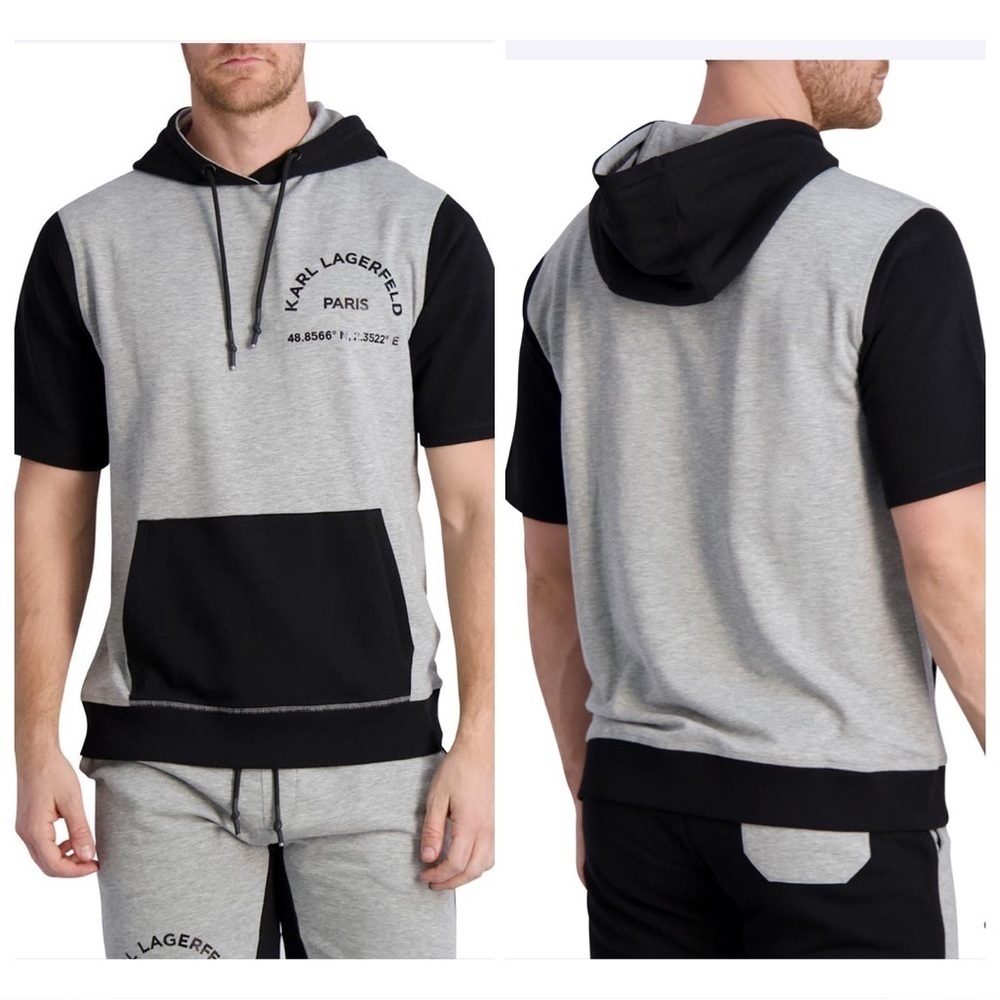Karl Lagerfeld Paris Hoodie Mens Large Black Grey Colorblock Pullover Modern